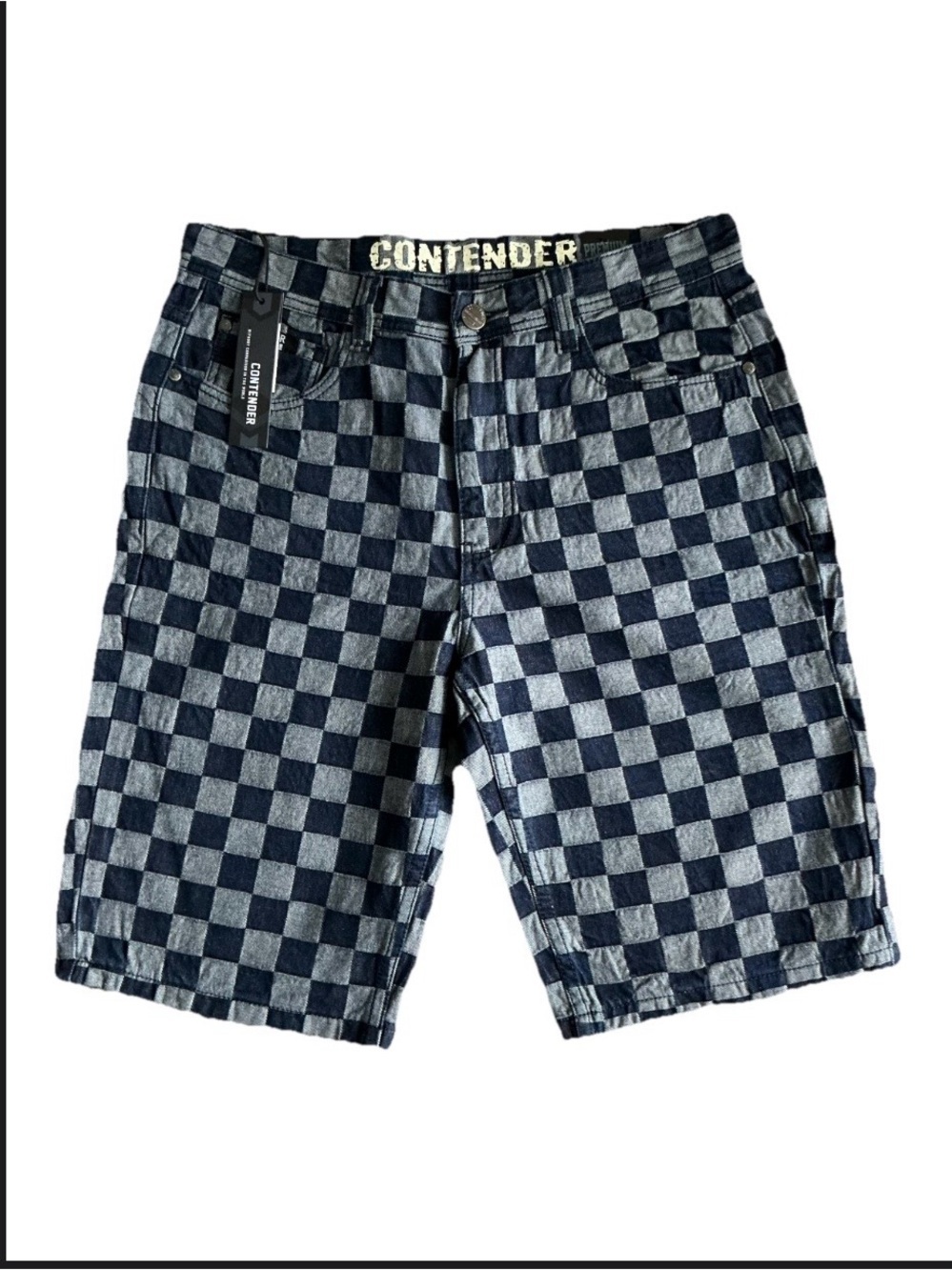 Men's Navy Checkered Jean Shorts - Classic Summer Style - Picture 2 of 7